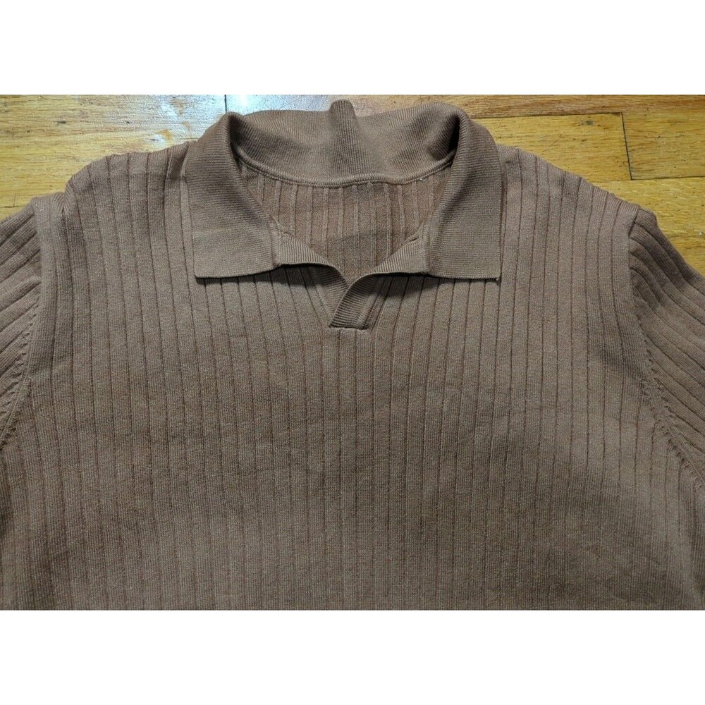 DAZY Women's Brown Ribbed Knit V-Neck Collared Sweater Size XL EUC Retro - Picture 3 of 6